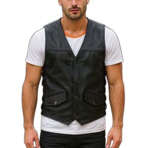 First classics Black Leather Vest with Orange Lining Biker Vest